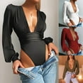 thumbnail image 2 of Women Vintage Puff Long Sleeve Bodysuit Sexy Plunge Deep V-Neck Solid Color Leotard Bodycon High Cut One-Piece Jumpsuit, 2 of 19