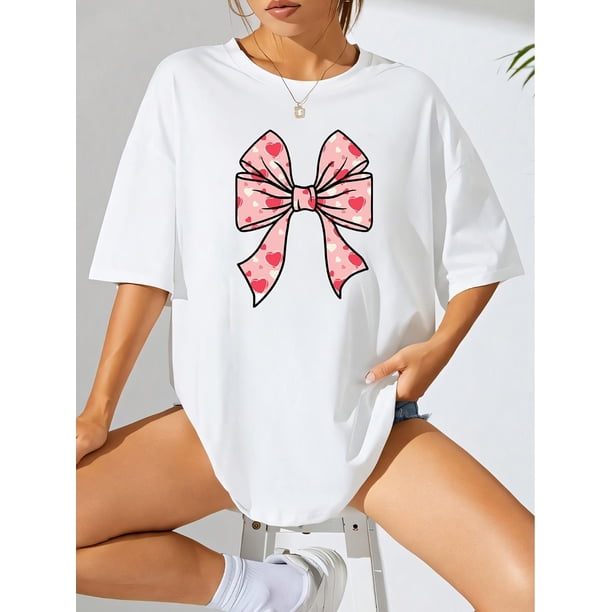 Women'S Casual Crew Neck T-Shirt with Pink Heart Bow Print, Knit Fabric, Short Sleeve Top for All Seasons, Valentine'S Day Gift, Love Pattern Tee for Spring/Summer Tee For Adult, Men, Women, Teen, T
