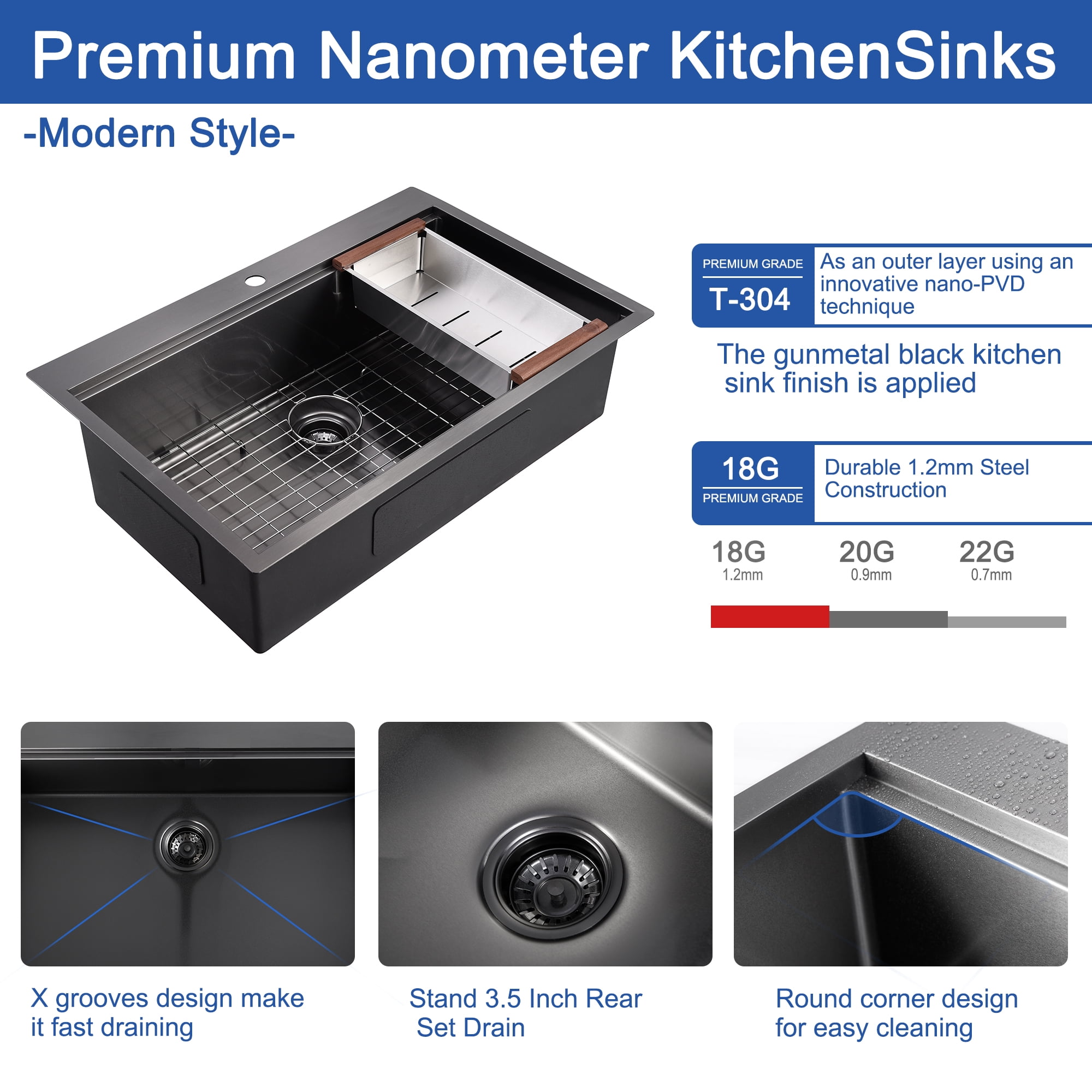 36" x 22" Drop in Gunmetal Black Kitchen Sink, 16Gauge  Stainless Steel Sink, Drop Workstation Sink, Topmount Single Bowl Sink with Integrated Ledge
