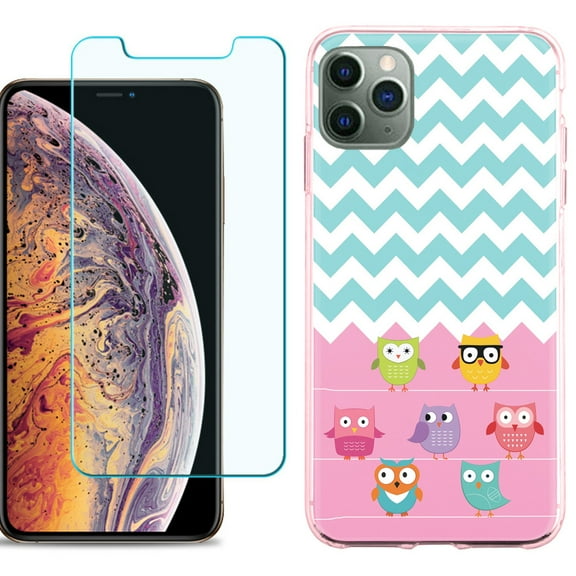 For Apple iPhone 11 Pro Max Case , Slim-Fit TPU Protective Phone Case (Pink Bezel) with Tempered Glass Screen Protector, by OneToughShield ® - Chevron/Teal/Owl