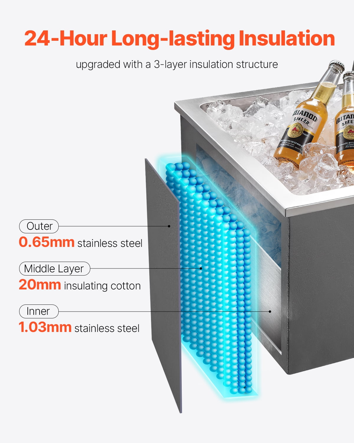 VEVOR Drop in Ice Chest, 20"L x 16"W x 13"H Stainless Steel Drop in Cooler, 44.7 Quart Commercial Ice Bin with Flip Lid for Outdoor Kitchen Patio Bar, Drain-pipe Set Included, for Cold Wine Beer