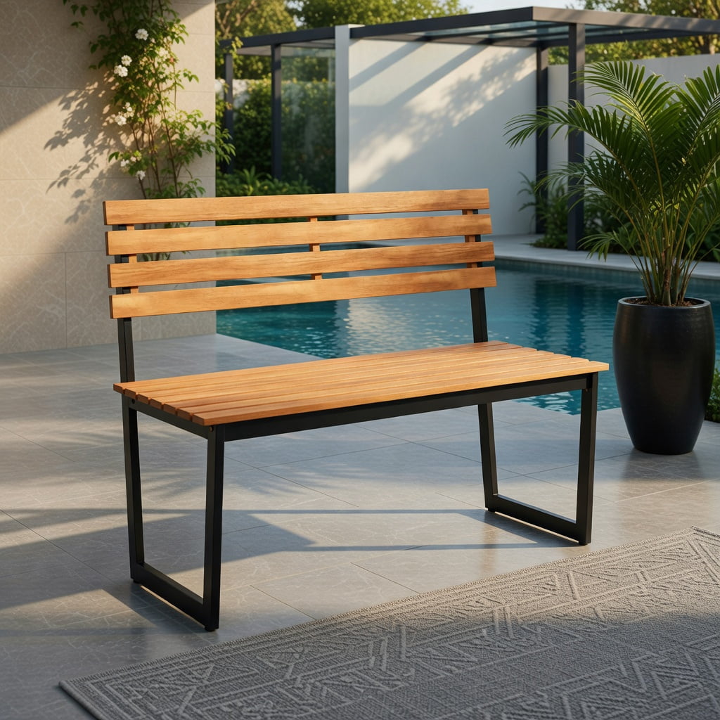 Hommoo Acacia Wood Outdoor Patio Loveseat Bench with Backrest & Heavy-Duty Steel Frame, Dual-Tone, 43" Wide, Black