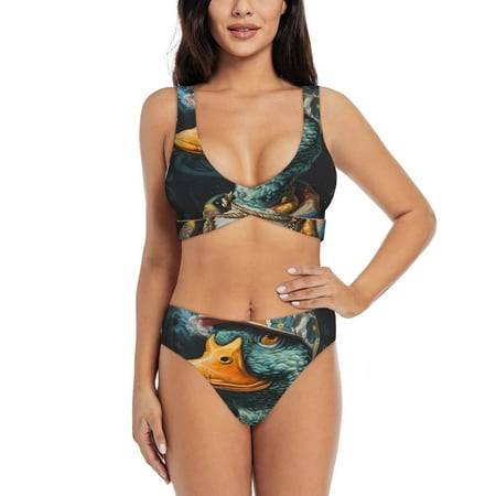 Zeuib Hip-Hop Duck High Waisted Tummy Control Bikini Set - Knot Front Push Up Top & Cheeky Thong Bottom  Two-Piece Swimsuit for Women-Large