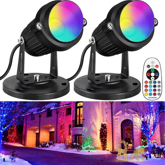 SUNVIE RGBW Christmas Spot Light Indoor 6W Uplighting with Remote Color Changing 120V LED Uplights Accent Lighting for Party Plant Decor, 2 pack