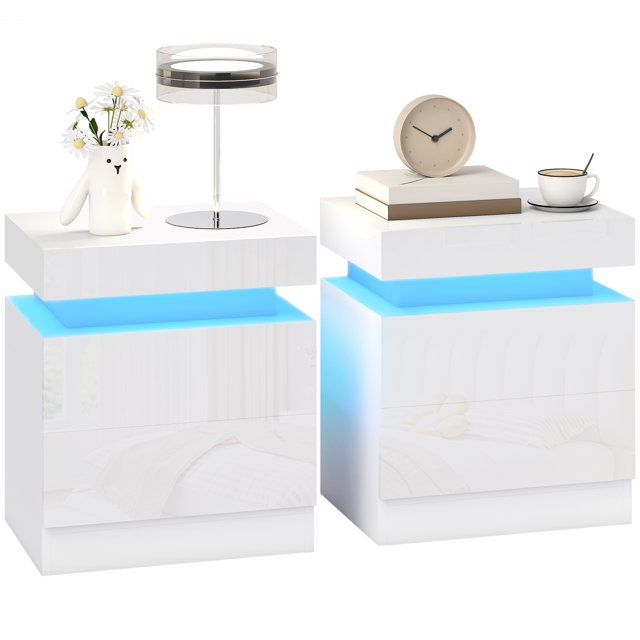 HOMCOM Nightstand Set of 2, Side Table with LED Lights, White