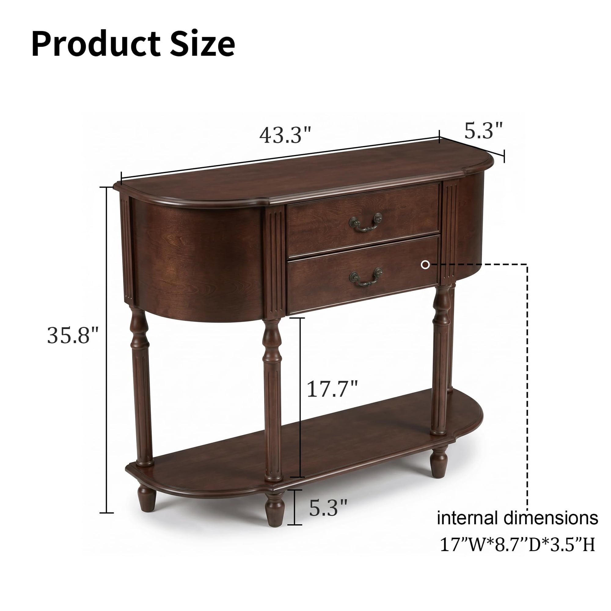 LKTART 43" Curved Console Table with 2 Drawers and Open Shelf, Solid Wood Legs Half Moon Sofa Table for Entryway & Hallway, Walnut Finish