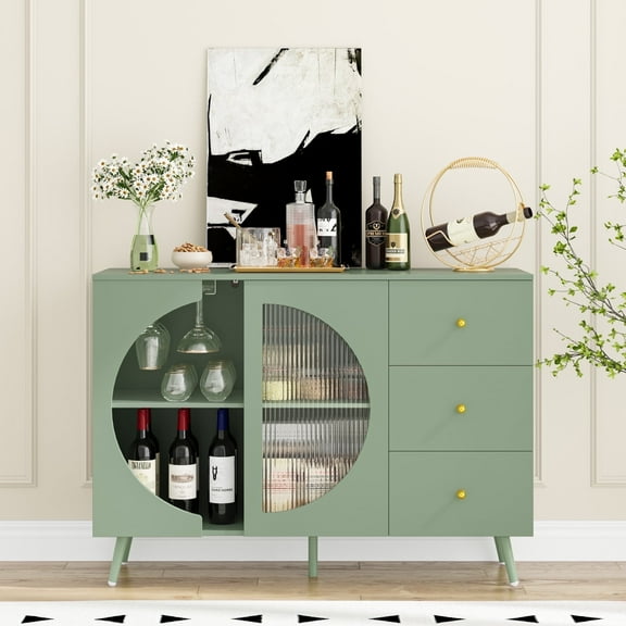 Homfa Coffee Bar Cabinet with 3 Drawers & Glass Door, Modern Buffet Sideboard Bar Table for Dining Room, Green