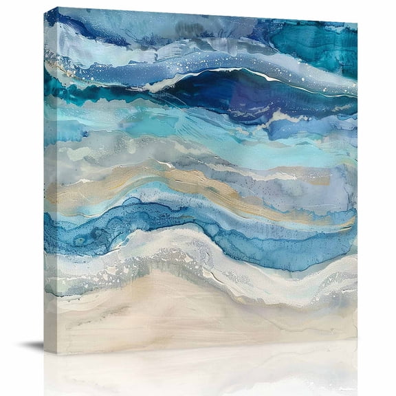 Framed Canvas Wall Art for Living Room Ombre Blue Wall Decor, Beach Ocean Wave Abstract Aesthetic Paintings for Bedroom Office Kitchen Bathroom, Ready to Hang Artwork Wall Pictures 8x8 Inch