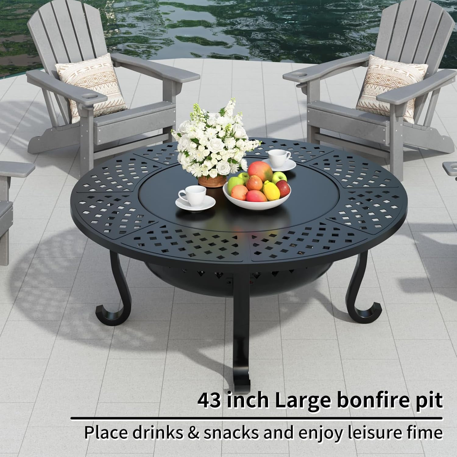 43 Inch Fire Pit with 2 Grill, Outdoor Wood Burning Firepit with Lid, Metal Round Table for Backyard Patio Garden Picnic Camping Bonfire