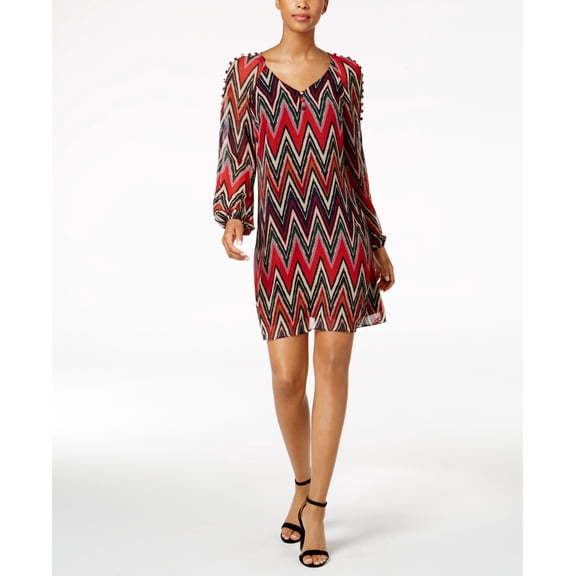 Taylor Dresses Women's Zig Zag Print Aline Decorative Buttons at Sleeves, Red/Black, 10