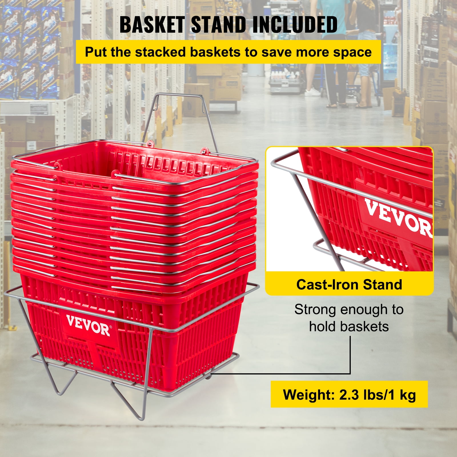 VEVOR Shopping Basket, 16.9 x 11.8 x 8.07 in/42.8 x 30 x 22 cm((L x W x H), Cast-Iron Handle and Stand, Set of 12 Store Baskets with Durable PE Material Used for Supermarket, Retail, Bookstore, Red
