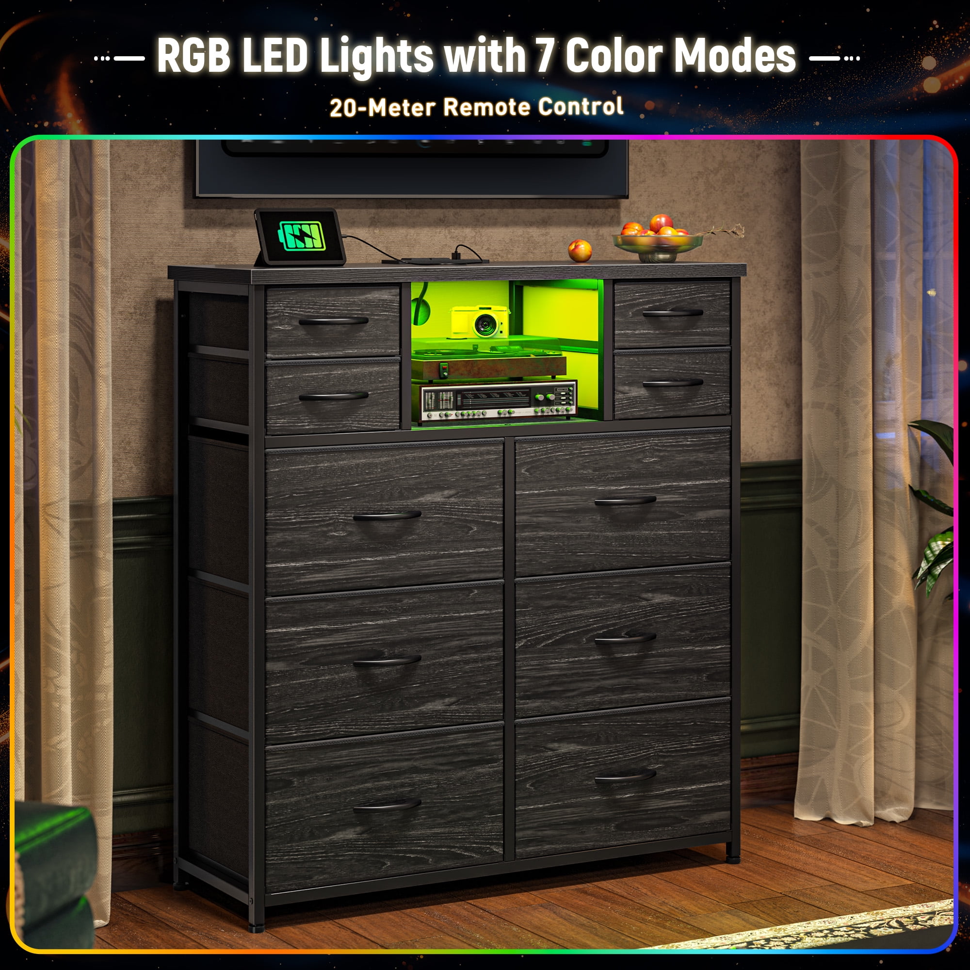 Romorgniz Tall Dresser for Bedroom with 10 Drawers Featuring LED Lights & Power Outlet Fabric Dressers & Chest of Drawers with Open Shelves, Black