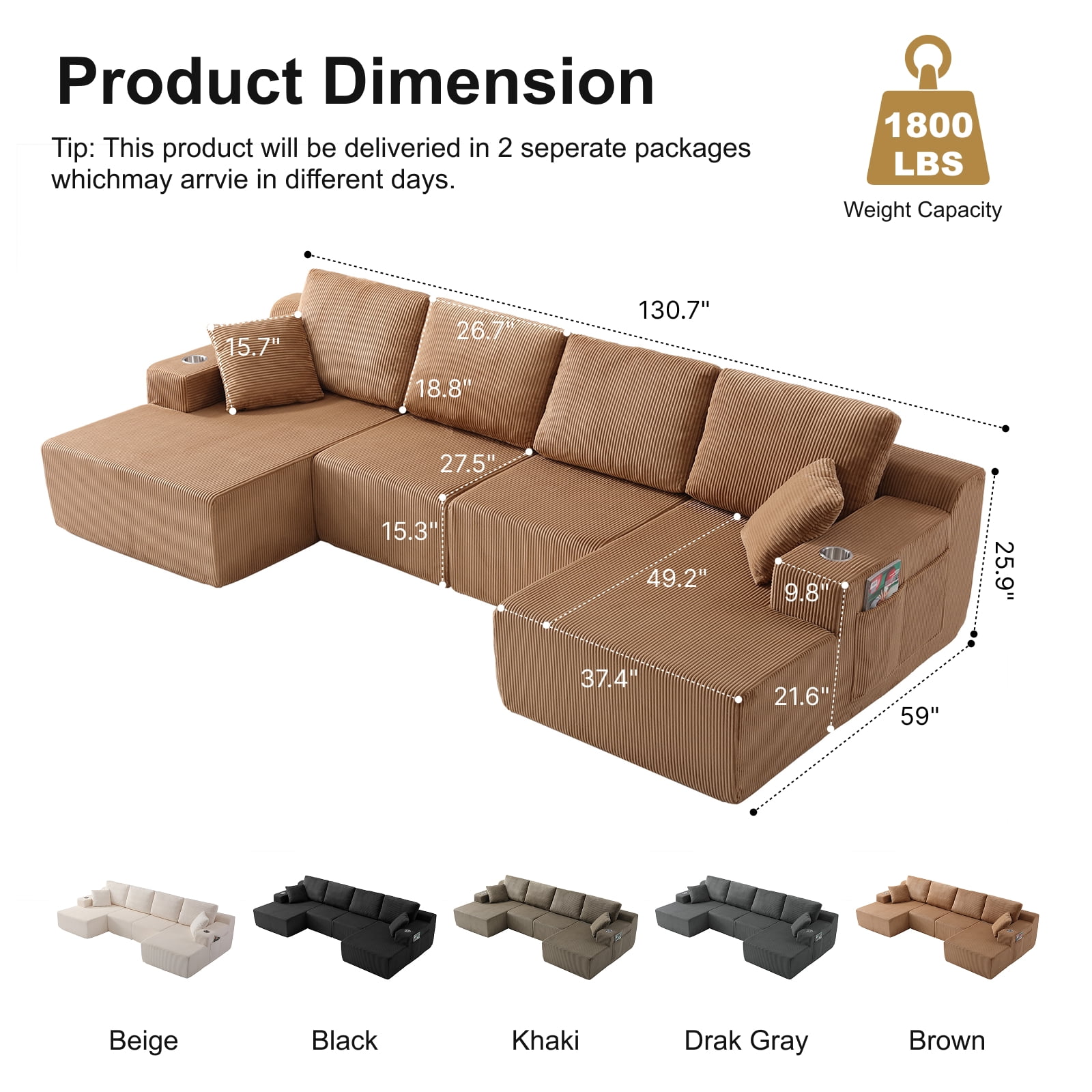 130" U-Shaped Boneless Modular Sectional Sofa with Chaise, 6 Pillows and Cup Holders
