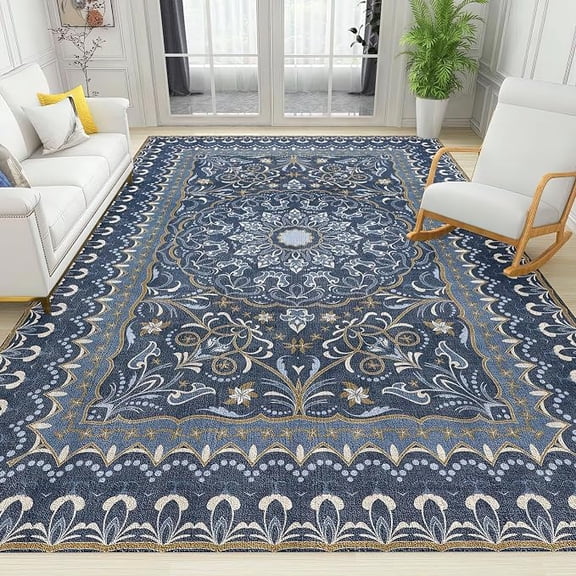 Blue Print Area Rug, Retro Ethnic Non Slip Bedroom Rug, Stain Resistant Durable Carpet for Indoor Living Room Office Decor Mat -4x6ft