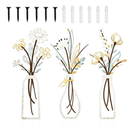 NIUBIER 3Pcs 13.7 X 6IN Metal Flowers Wall Art,Rustic Farmhouse Decor Minimalist Vase Wall Decors Housewarming Gifts Hanging for Indoor Kitchen Bathroom Bedroom Living Room
