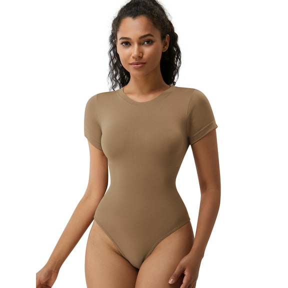 SAYFUT Women's Seamless Short Sleeve Bodysuit Crew Neck Basic Stretch T Shirt Top