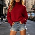thumbnail image 4 of Tusihei Women Turtleneck Cable Knit Sweater Loose Oversized Chunky Pullover Casual Warm Long Sleeve Fall Winter Top, Wine 3XL, 4 of 5