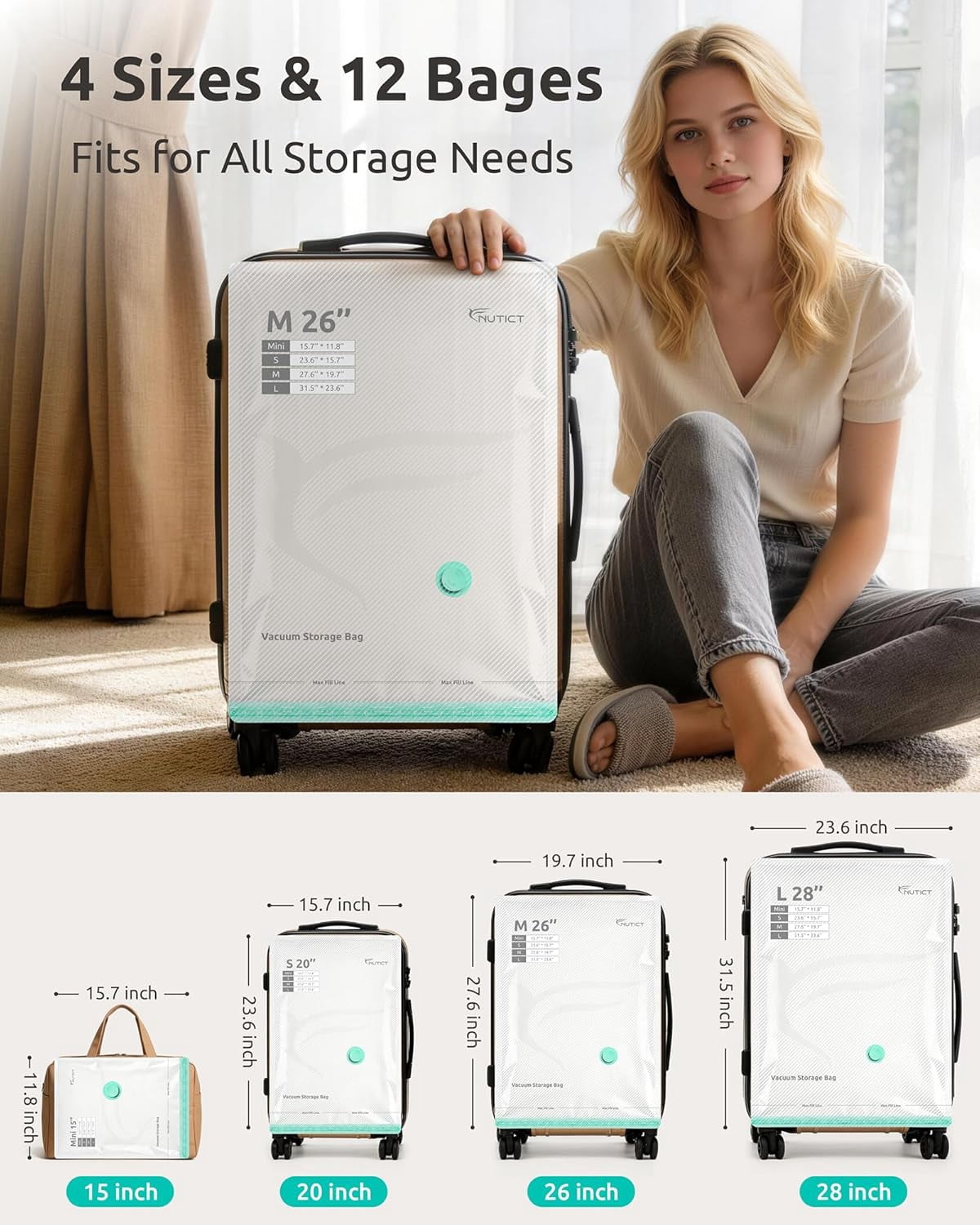 Travel Vacuum Bags with Rechargeable Electric Pump, Reusable Long-Term Vacuum Storage Bags for Clothes and Blankets, Compression Space Saver for Luggage and Suitcase, 12 Pack Combo Travel Size