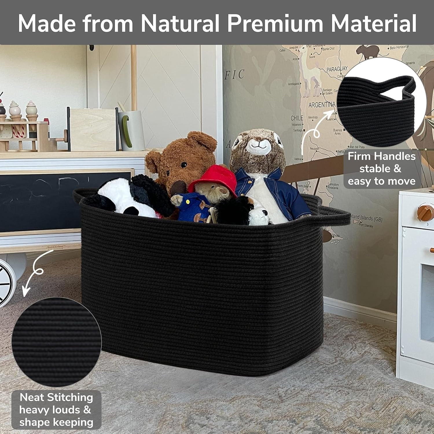 PrimeCook Shop Extra Large Storage Basket, 23.6" x 15.7" x 13.8" Rectangle Cotton Rope Basket for Blankets, Pillows, Toys, Woven Dirty Clothes Baskets for Laundry, Black