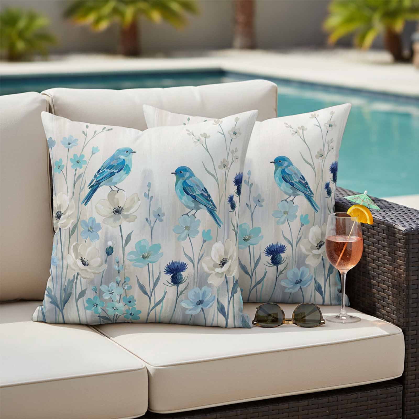 Spring Flowers Pillow Covers 2 Pack Watercolor Blue Bird Floral White Country Style Pillowcase Waterproof Outdoor Throw Pillow Cover for Patio Garden Square Cushion 18”x18”
