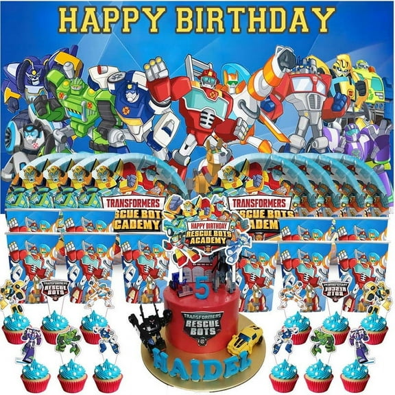 Transformers Rescue Bots Birthday Cups Party Supplies Decor Backdrop Plates Fans Decorations Banner