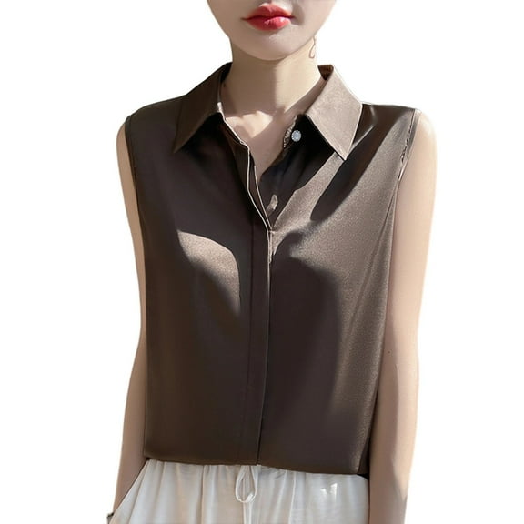 Womens Sleeveless Button Down Shirt Classic Collared Blouse Basic Tank Tops Work Office Chiffon Tops Solid Tees