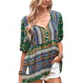 thumbnail image 1 of Camiseta holgada de verano con cuello en V y mangas abullonadas con estampado especial para mujer, 1 of 6