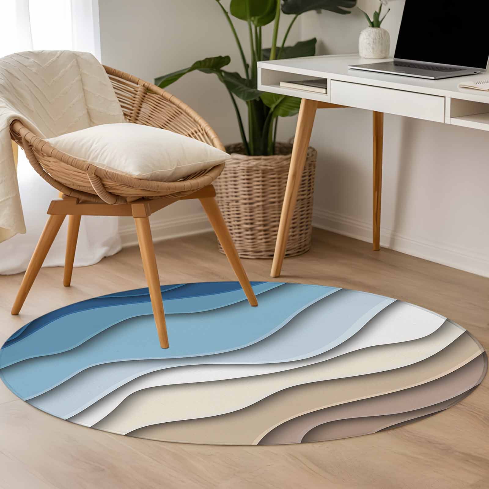 Non-Slip Rug Pad Rugs Abstract Gradient Striped Art Round Area Rugs 4Ft Soft Carpet Pads for Living Room Kids Room Modern Ombre Blue