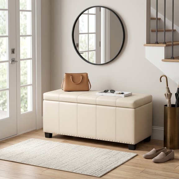 Amelia 33 inch Wide Storage Ottoman Bench in Satin Cream Vegan Leather