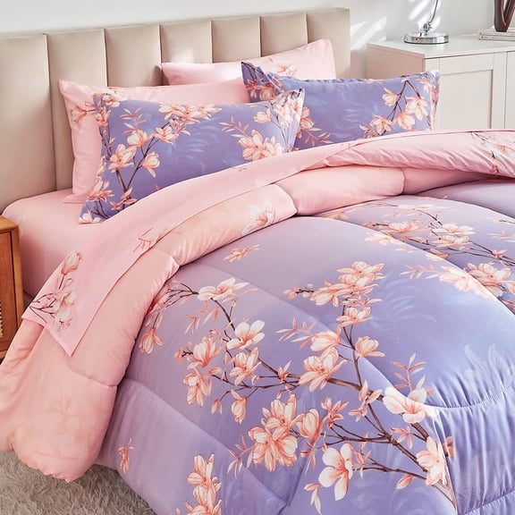 Pink and Light Queen Comforter Set with Sheets,Bed in a Bag 7-Pieces,Branches and Flowers Printing Design,Ultra Soft Down Alternative All Season Bedding Set(Queen, Stem)