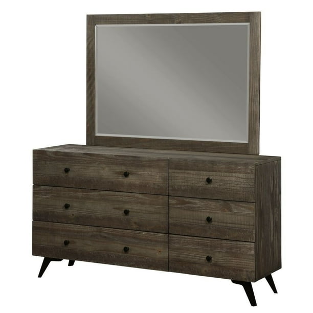 Rectangular Dresser with Six Drawers and Slanted Metal Legs, Dark Pine