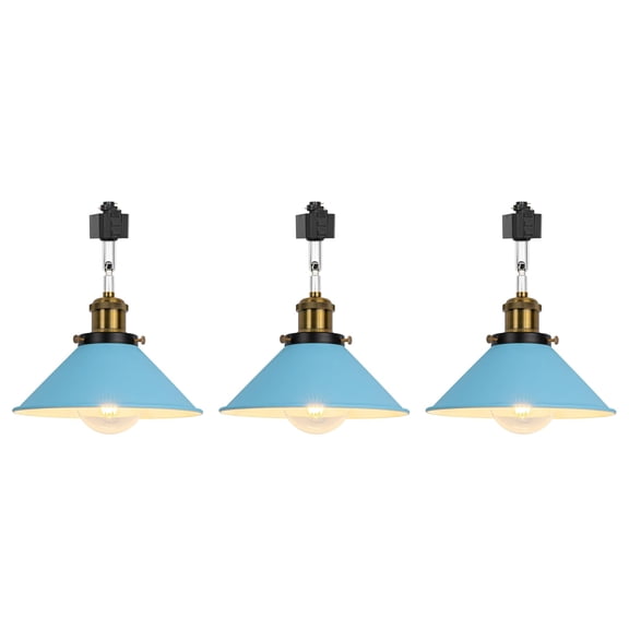 KAYYELAMP Set of Three Adjusted Angle Rotated Degree H-Type Metal Track Lamp E26 Copper Base Blue Lampshade Classic Design for Kitchen Bar Sink Counter(No Bulb, Track)