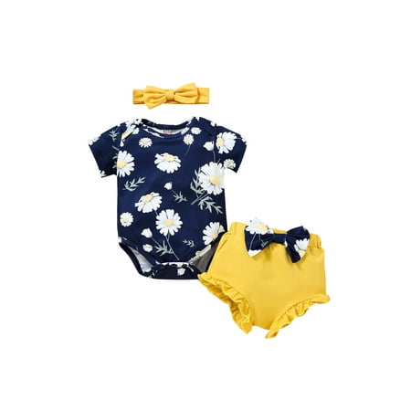 

Bagilaanoe 3pcs Newborn Baby Girl Short Pants Set Print Short Sleeve Romper Tops + Shorts + Headband 3M 6M 12M 18M Infant Casual Summer Outfits