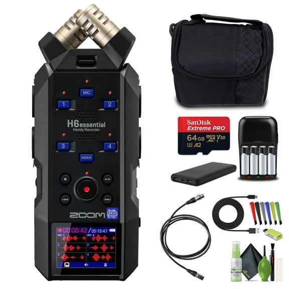 Zoom H6essential Handy Recorder 6-Track 32-Bit Float Portable Audio Recording (2024 Model) Stereo Microphones, 4 XLR/TRS Inputs, USB Audio Interface, for Musicians, Podcasters And Filmmakers Bundle