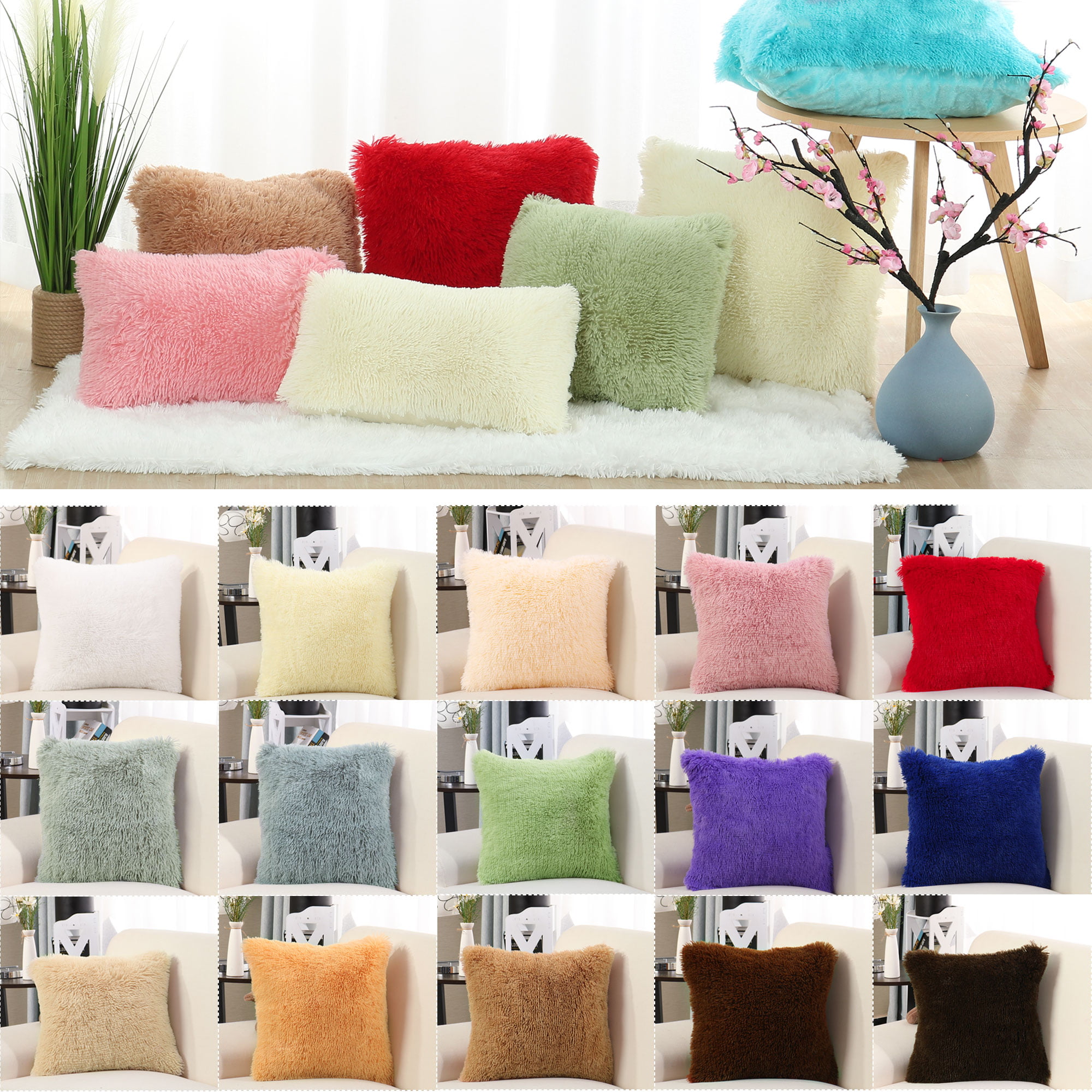 Plush Furry Solid Color Cushion Cover Throw Pillow Case Home Bed Room Sofa Decor 