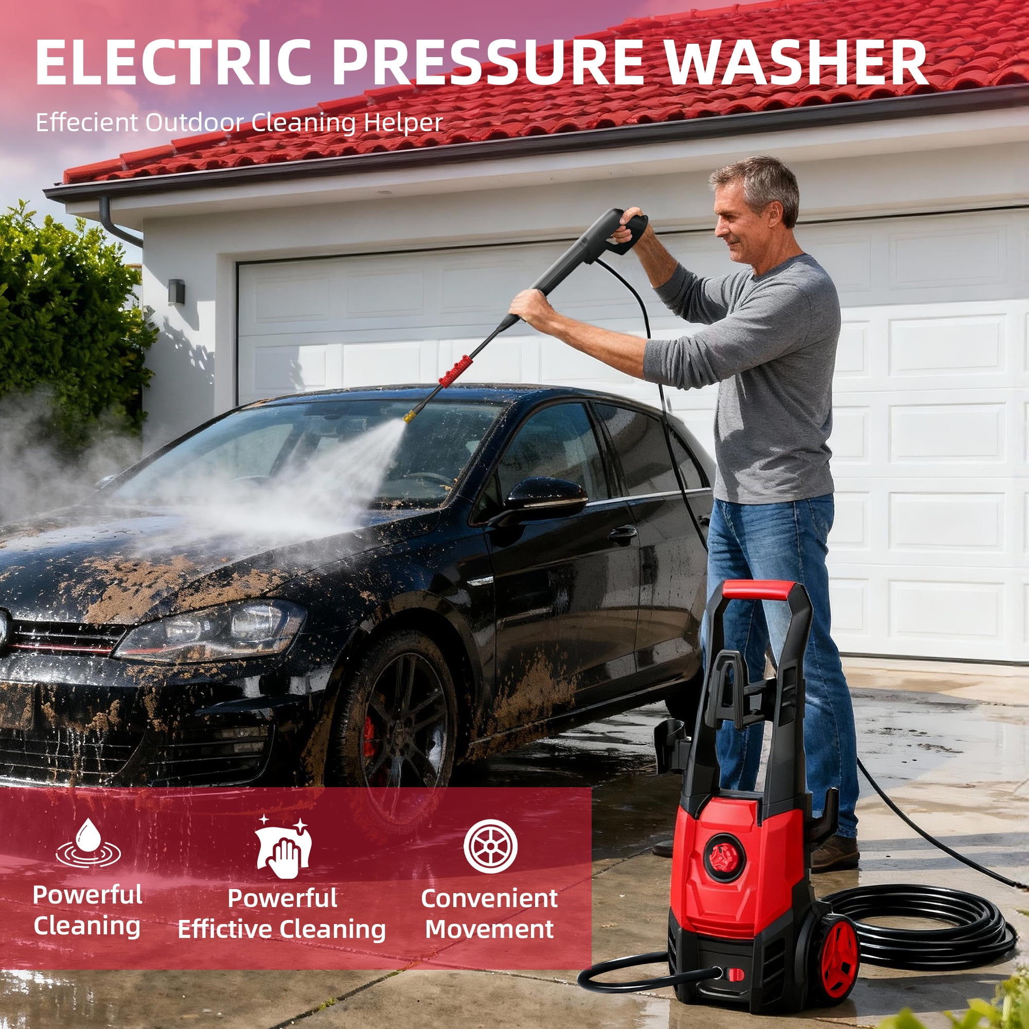 Elevon 2.5 GPM Electric Pressure Washer with Foam Cannon, Portable Power Washer for Cars, Patios & Driveways