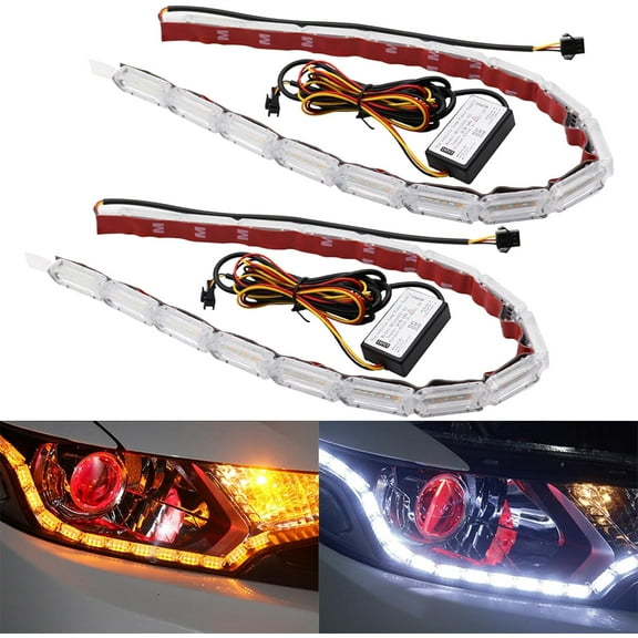 Car Daytime Running Light Strip, 2Pcs Flexible Crystal DRL LED Strip Sequential, Dual Color 17Inch Headlight LED Strip Turn Signal Lights Strip (White&Amber)