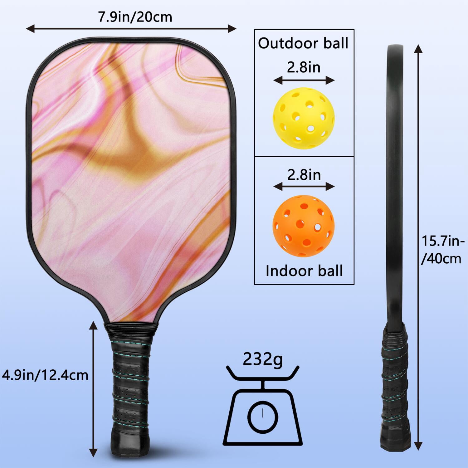 Pickleball Paddles Set Of 1, Fiberglass Surface, Liquid & Marble Print, 1 Paddles, 2 Balls & Bag