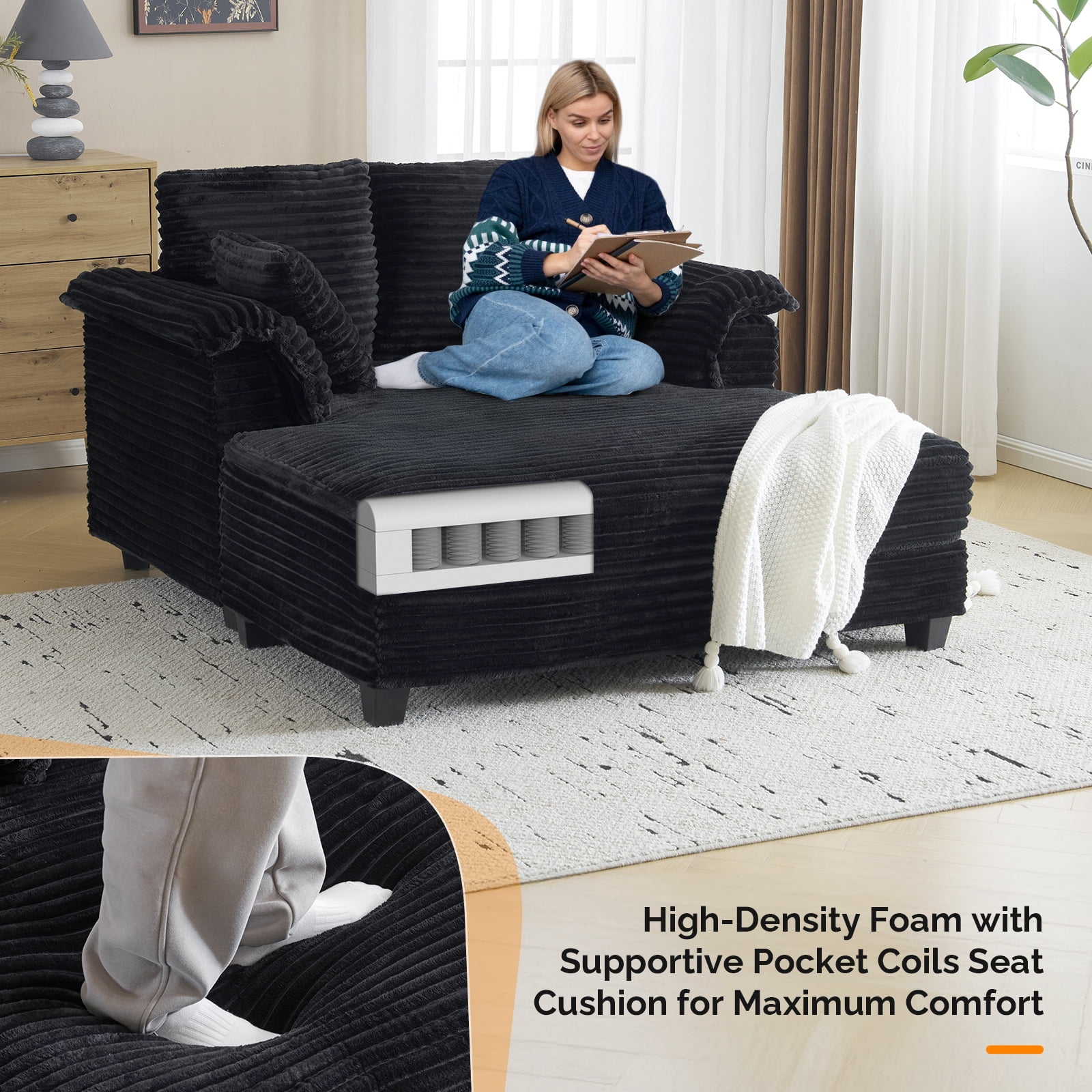 Ktaxon Corduroy Sofa Bed, Upholstered Comfy Sleeper with Pillow Arms, Lounge Chair with Lumbar Support Pillows, Ideal for Small Spaces Black