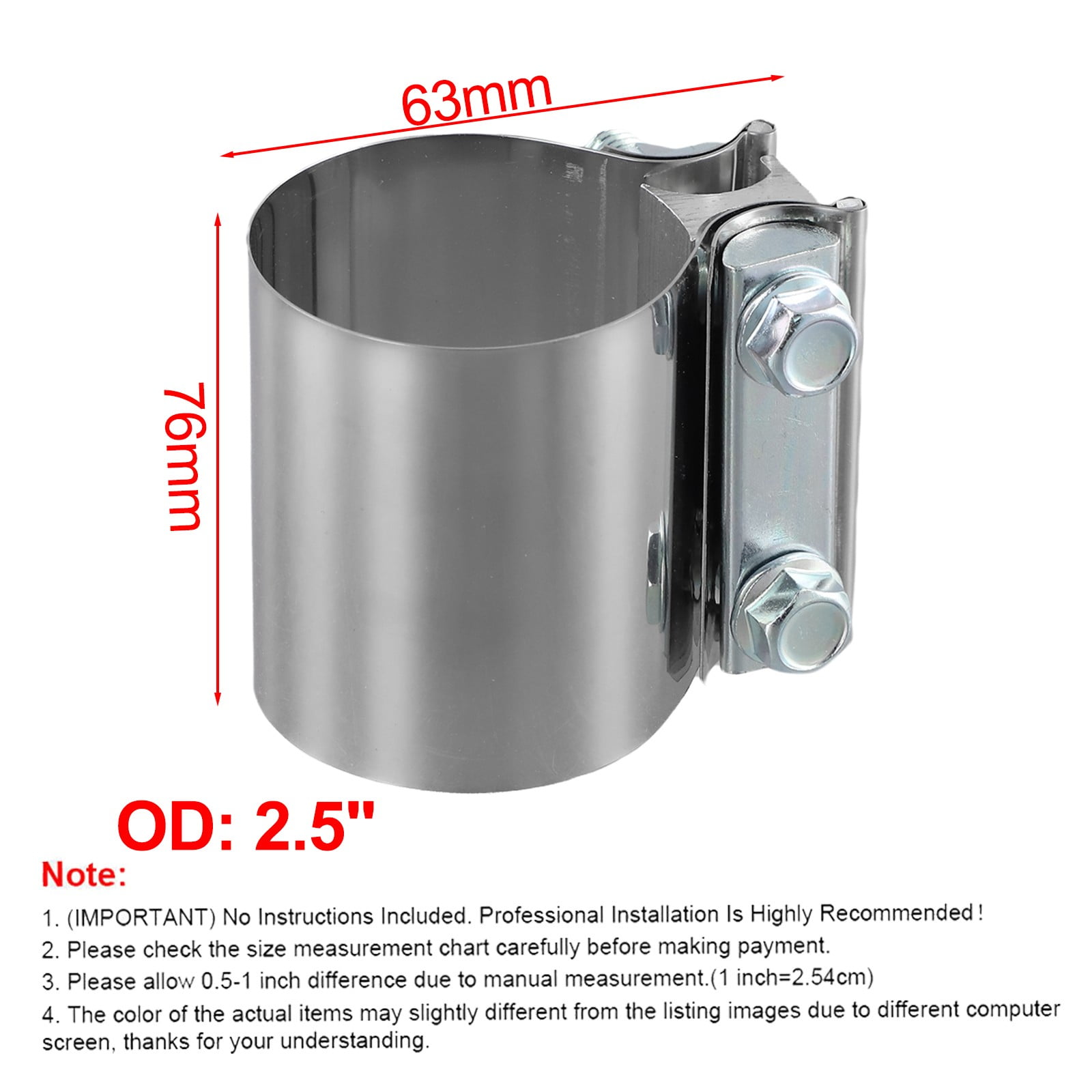 RANMEI 1Pc 304 Stainless Steel Butt Joint Band Muffler Exhaust Pipe Clamp Sleeve 2/2.25/2.5/2.75/3/4 Inch Exhaust Clamp