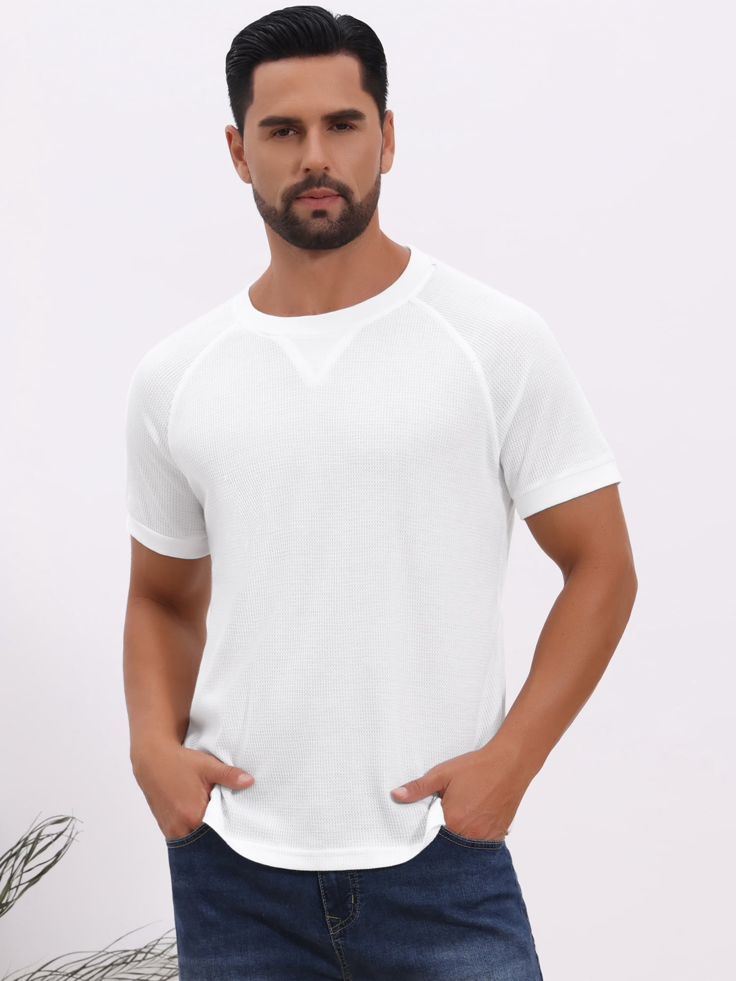 DARING DIVA Men's Waffle Fabric Classic Crew Neck Raglan Short Sleeves 2XL White