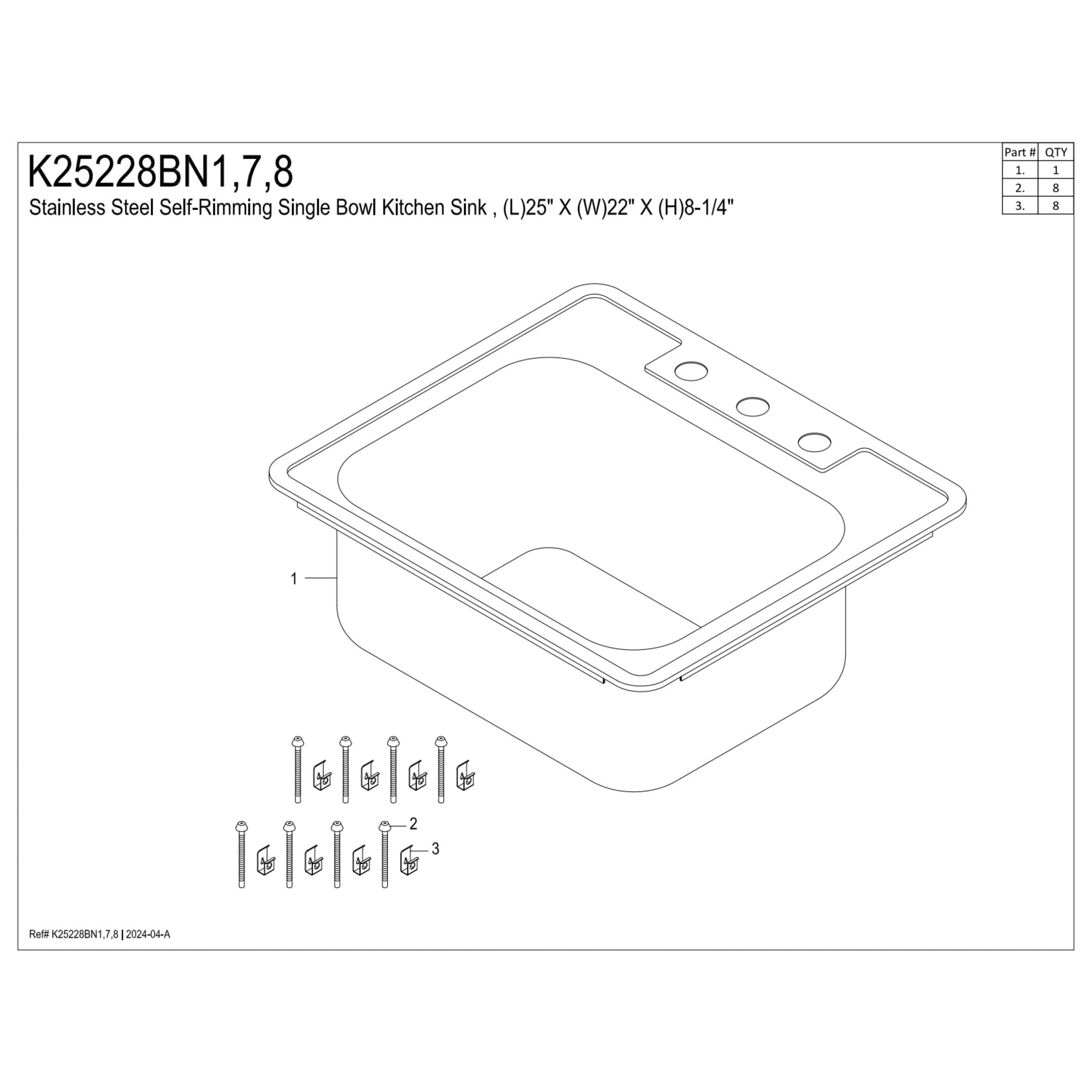 Kingston Brass Carefree K25228BN7 25" Stainless Steel Self-Rimming Single Bowl Drop-In Kitchen Sink with 3-Hole Drain and Strainer, Stainless Steel/Brushed Brass