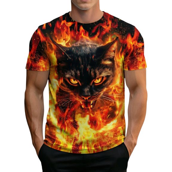 Men 3D Flame Graphic Crew Neck T-Shirt, Loose Fit Short Sleeve Cool Fire and Fierce Cat Print Basic Tee Summer Daily Casual Streetwear Tops(Black,XXL)