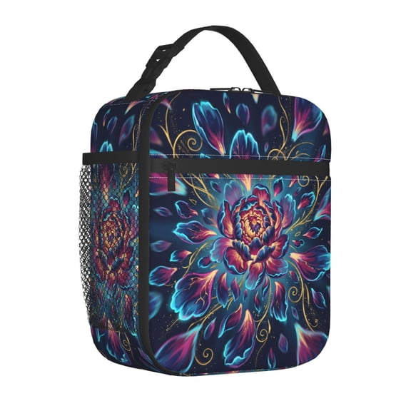 White Rose Lunch Bag Insulated Reusable Cooler Tote Portable Meal Prep Bag Side Mesh Pocket Work Office Picnic