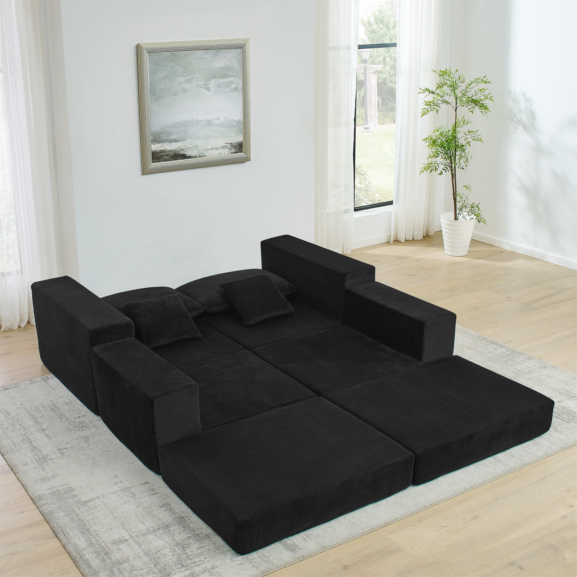 Miniyam 3 Seats Modular Sectional Sofa, Configurable Corduroy Cloud Couch with Pillows & Ottoman,No-Tools Assembly, for Living Room, Black