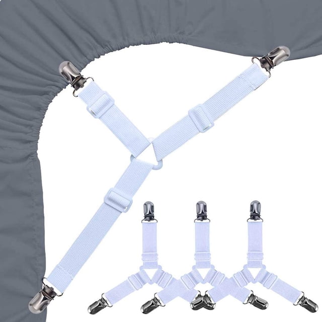 LAICAIW (4 Pcs Triangle Blanc)-Porte-Draps Sangles Attaches-4 Pcs Attaches Triangle pour Drap-Housse Support d'Angle Élastique Bande Ajustable Porte-Draps Pince Bretelles Pinces (Blanc)