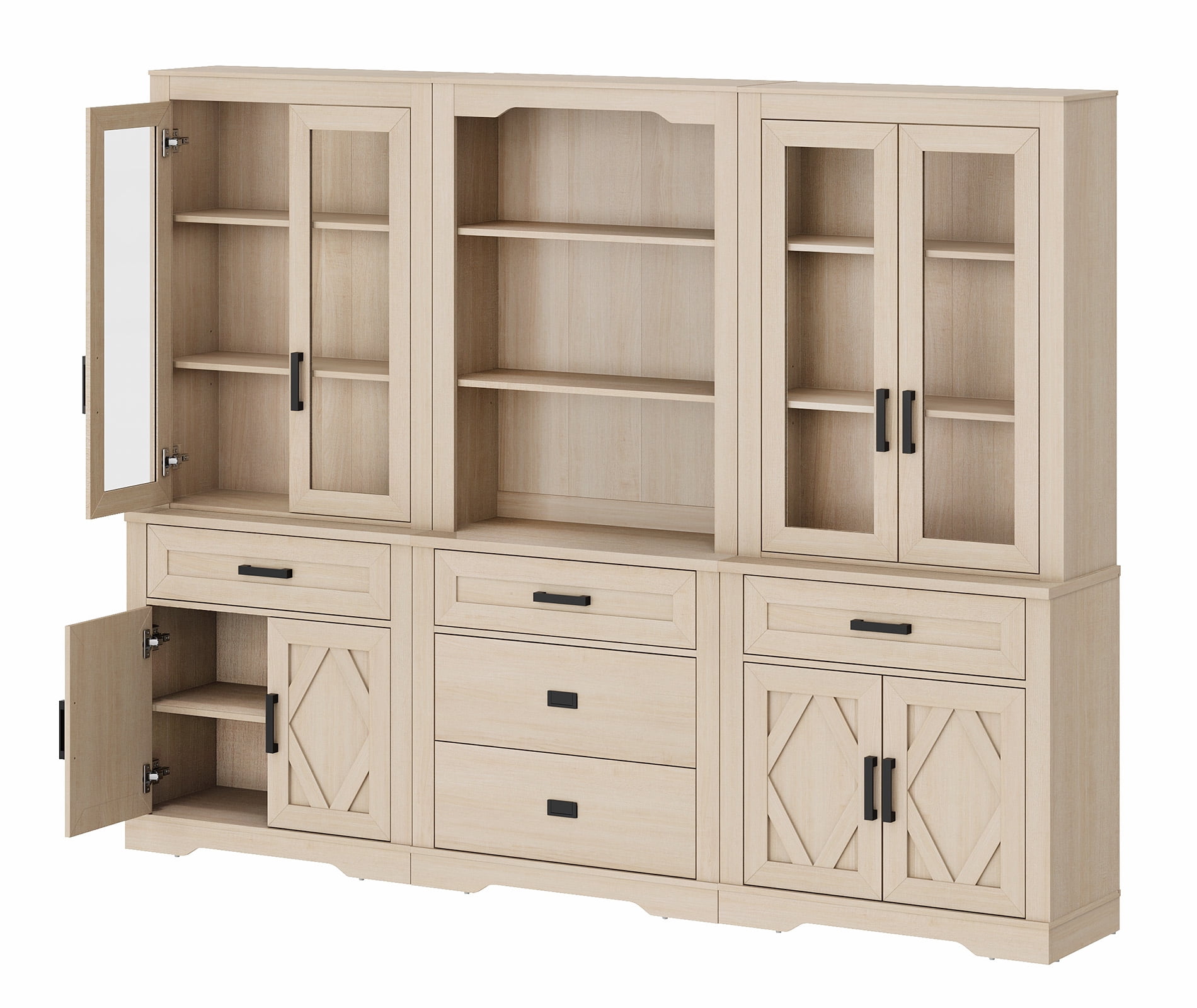 WAMPAT Modern Farmhosue 3-Column BookShelf Set,5 Tier Book Shelf with Open Storage and Glass Doors,73"H Tall Wood Bookcase with Storage Cabinet and Drawers for Study,Bedroom,Living Room,Beige