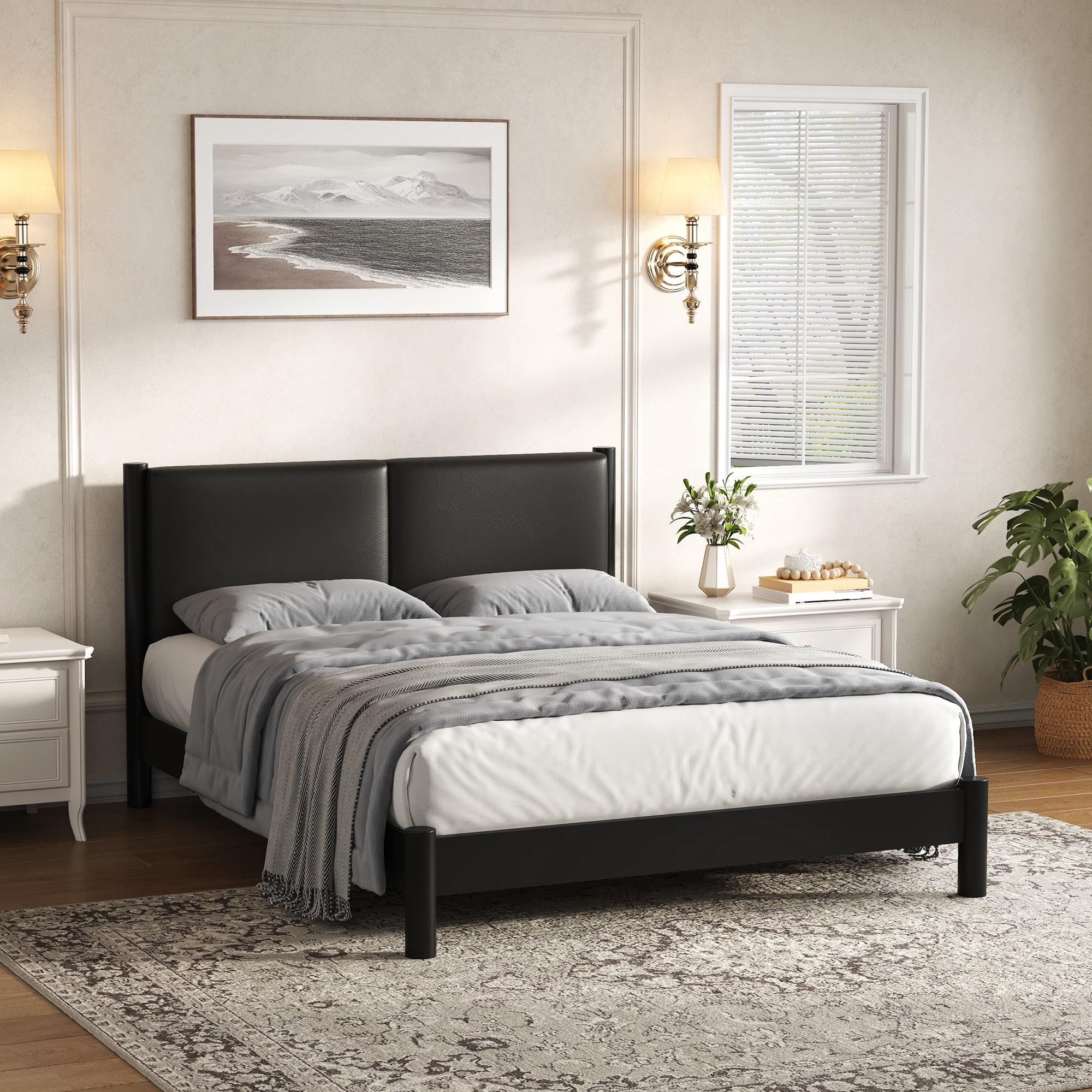 Euroco Wood Queen Size Platform Bed with PU Leather Headboard, No Box Spring Needed, Black