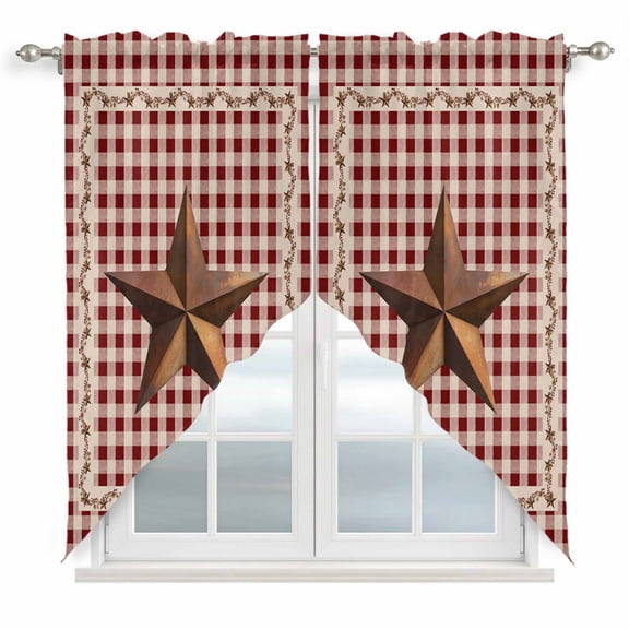 Rusty Country Stars Swag Valances for Windows 2 Pack Farmhouse Berries Vine Red Beige Plaid Swag Kitchen Curtains 63 Inches Long Rod Pocket Short Window Treatment for Kitchen Bathroom 36"x63"
