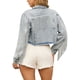 thumbnail image 3 of Chaqueta de mezclilla con flecos de manga larga y dobladillo deshilachado para mujer INSPIRE CHIC, corta, talla 2XL, azul claro, 3 of 6